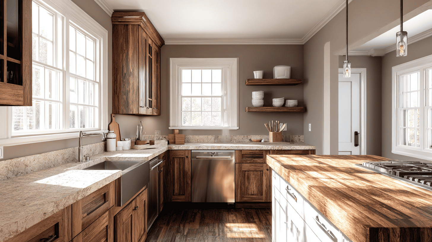 Stone Or Butcher Block Countertops In Modern Rustic Kitchen