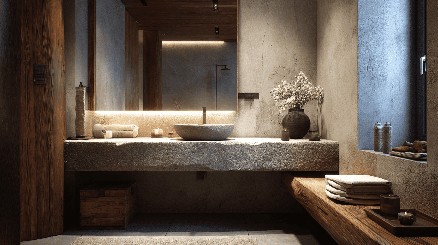 Stone Or Concrete Bathroom Vanity In Modern Rustic Bathroom