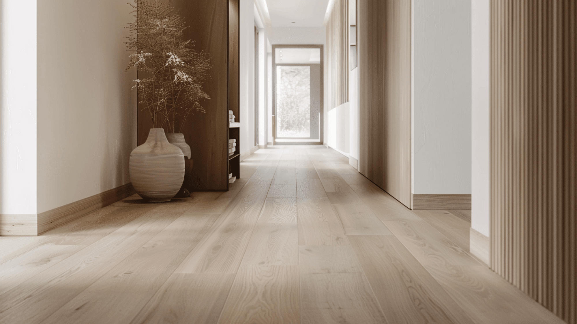 A minimalist hallway with straight plank flooring and soft natural lighting. A decorative vase with dried plants sits on the left. The atmosphere is serene.