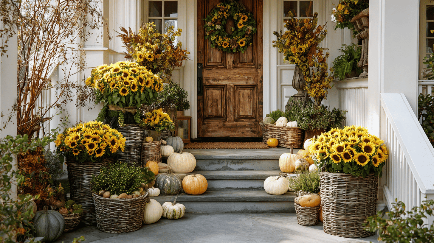 Porch decorated with sunflowers, autumn greenery, and neutral pumpkins or gourds.