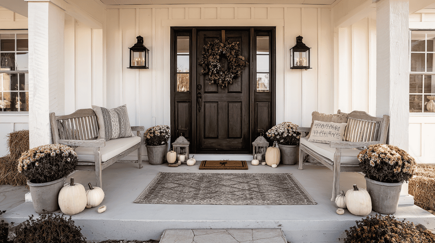 Symmetrical porch with matching planters, pumpkins, and lanterns on each side.