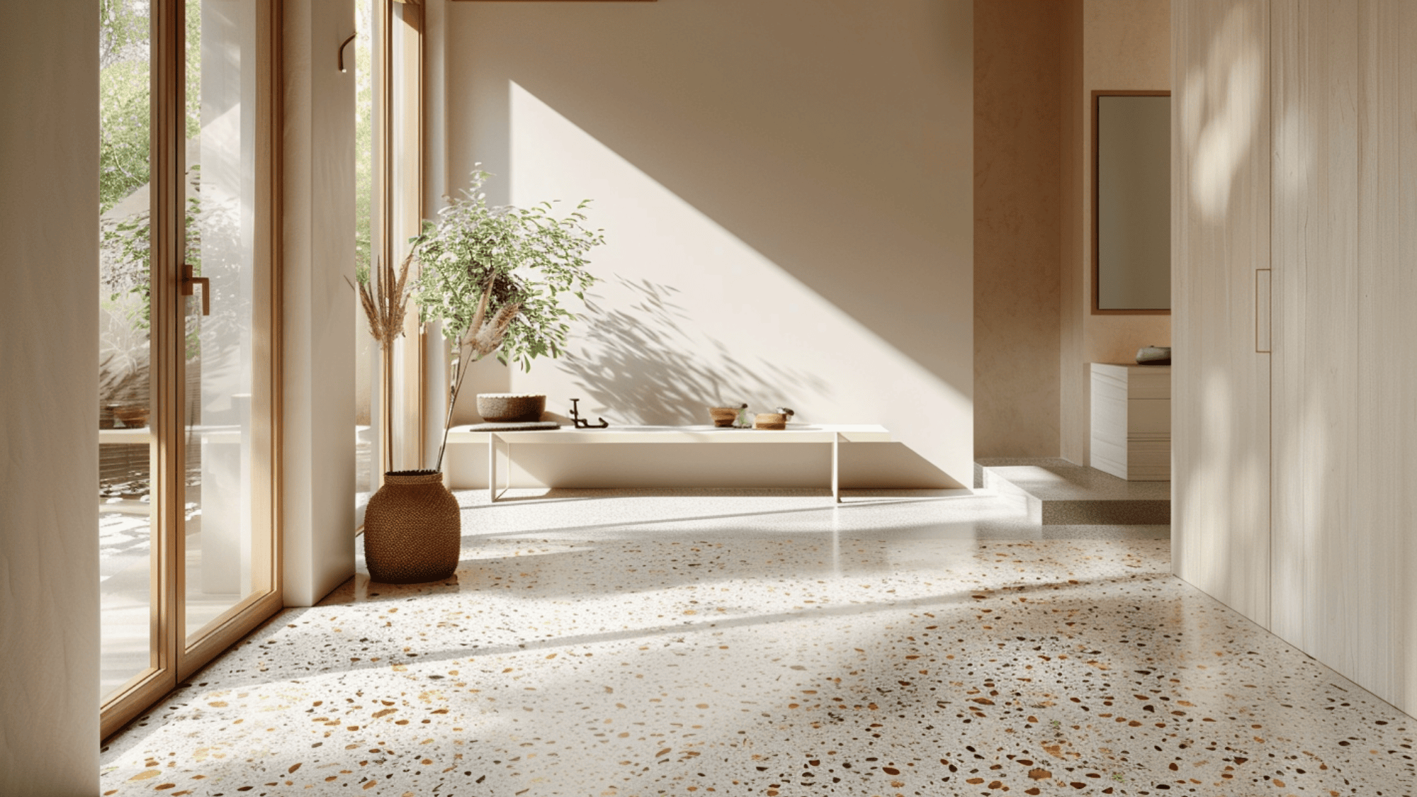 Modern interior with terrazzo floor, sunlight streaming through large windows. Minimalist decor features a potted plant and sleek furniture, evoking a sense of calm.