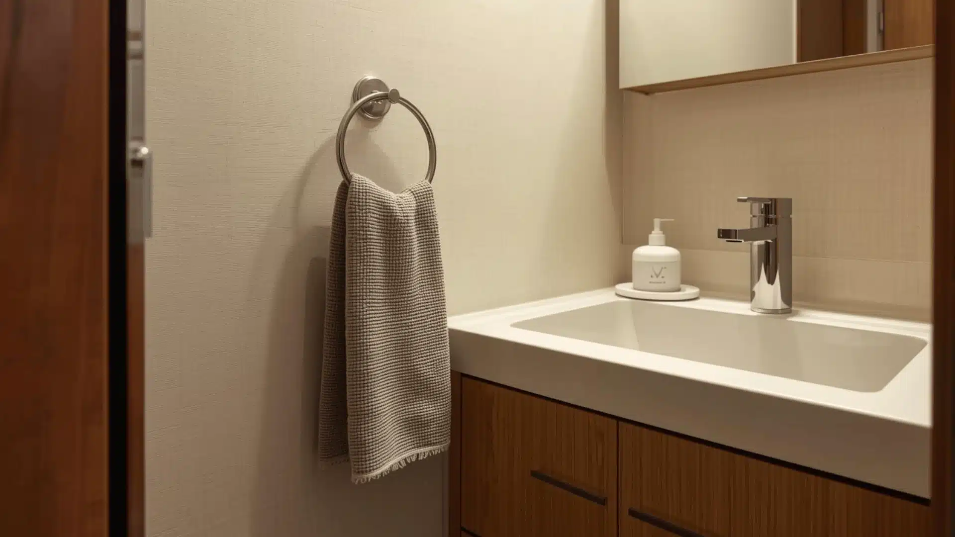 Thin fabric hand towel hangs neat and dries fast in half bath.