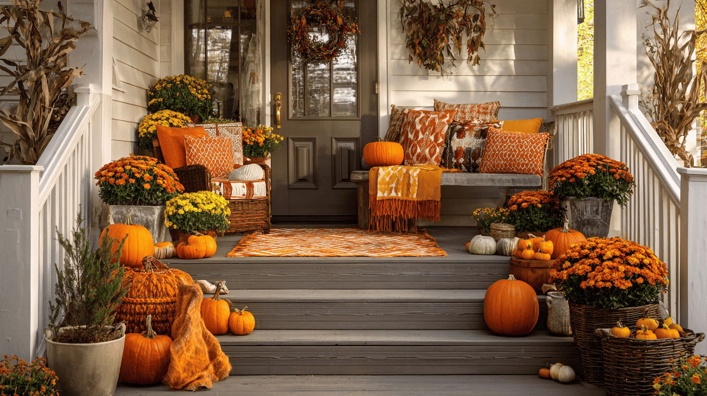 Porch styled with orange and yellow pumpkins, gourds, and fall planters.