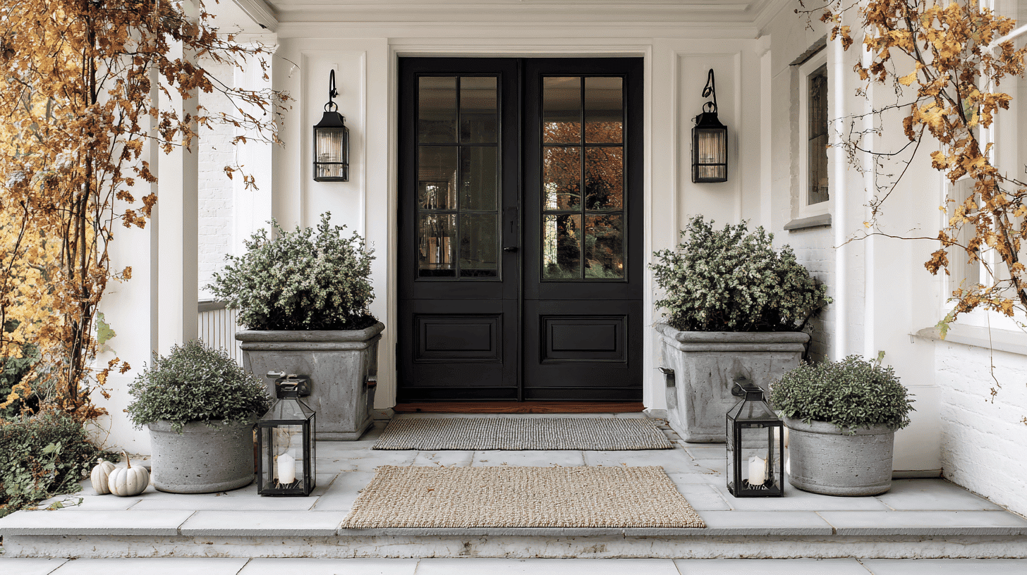 Simple fall porch decorated only with greenery in matching planters for balance.