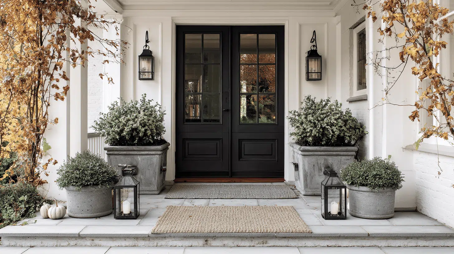 Simple fall porch decorated only with greenery in matching planters for balance.