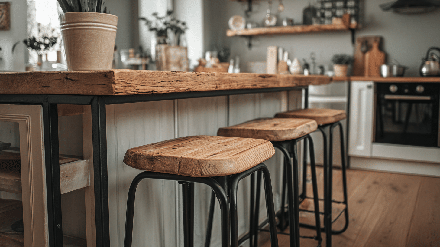Vintage Style Stools With Modern Finishes In Rustic Kitchen