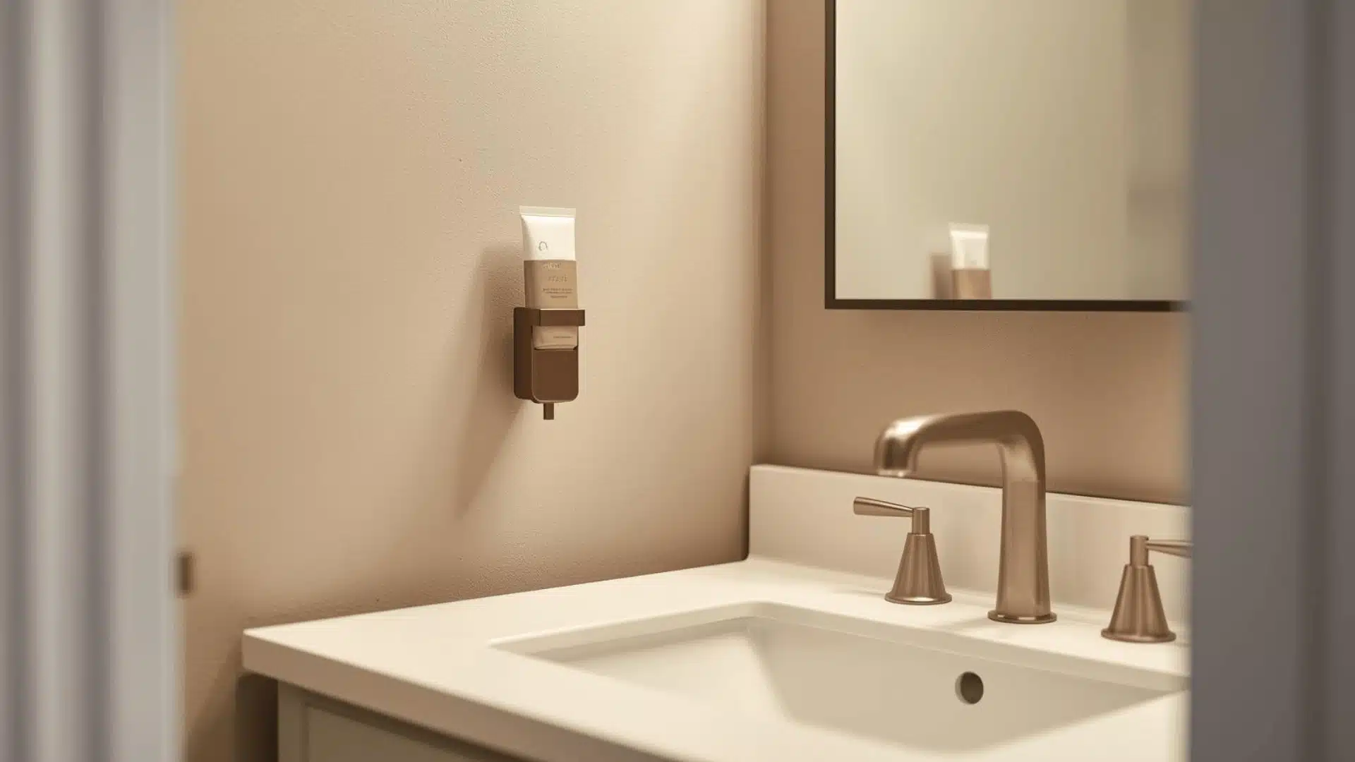 Wall clip holds hand cream tube in half bath neatly.