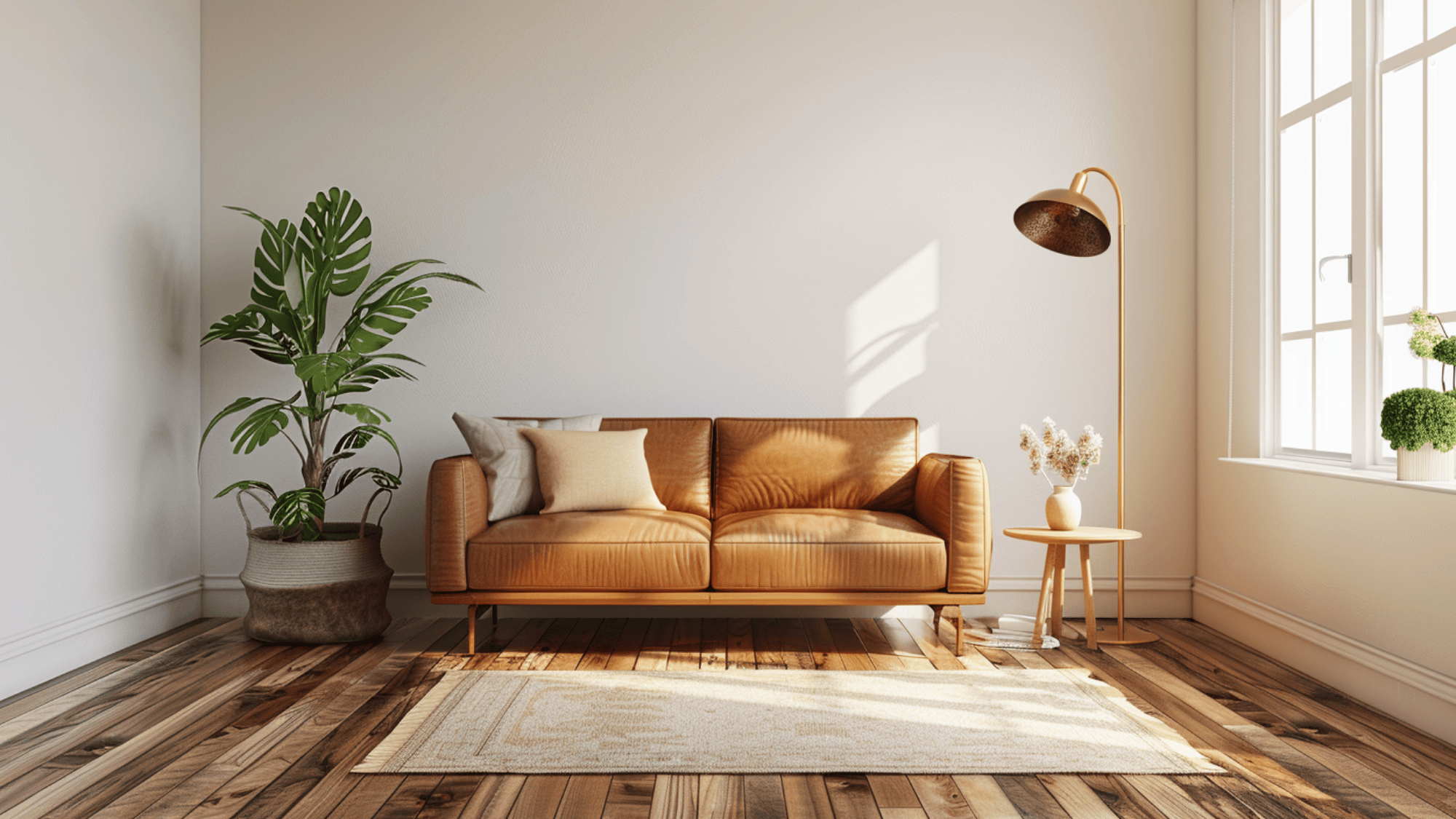 A cozy living room with a brown leather sofa, two cushions, a tall potted plant on the left, and a warm walnut floor, with a floor lamp on the right. Sunlight streams through a window, creating a warm, inviting atmosphere.