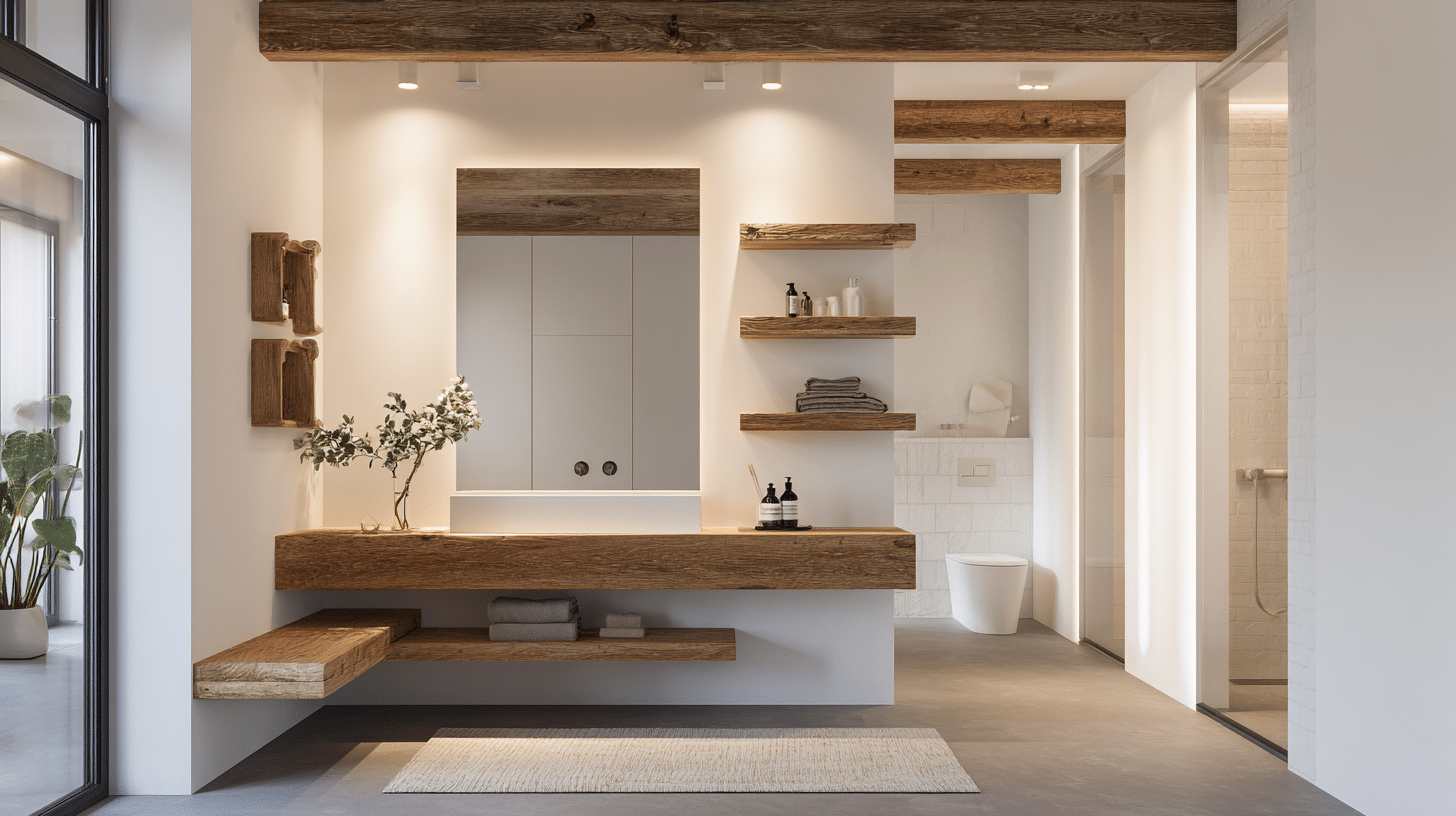 Wood Accents With White Walls In Rustic Bathroom