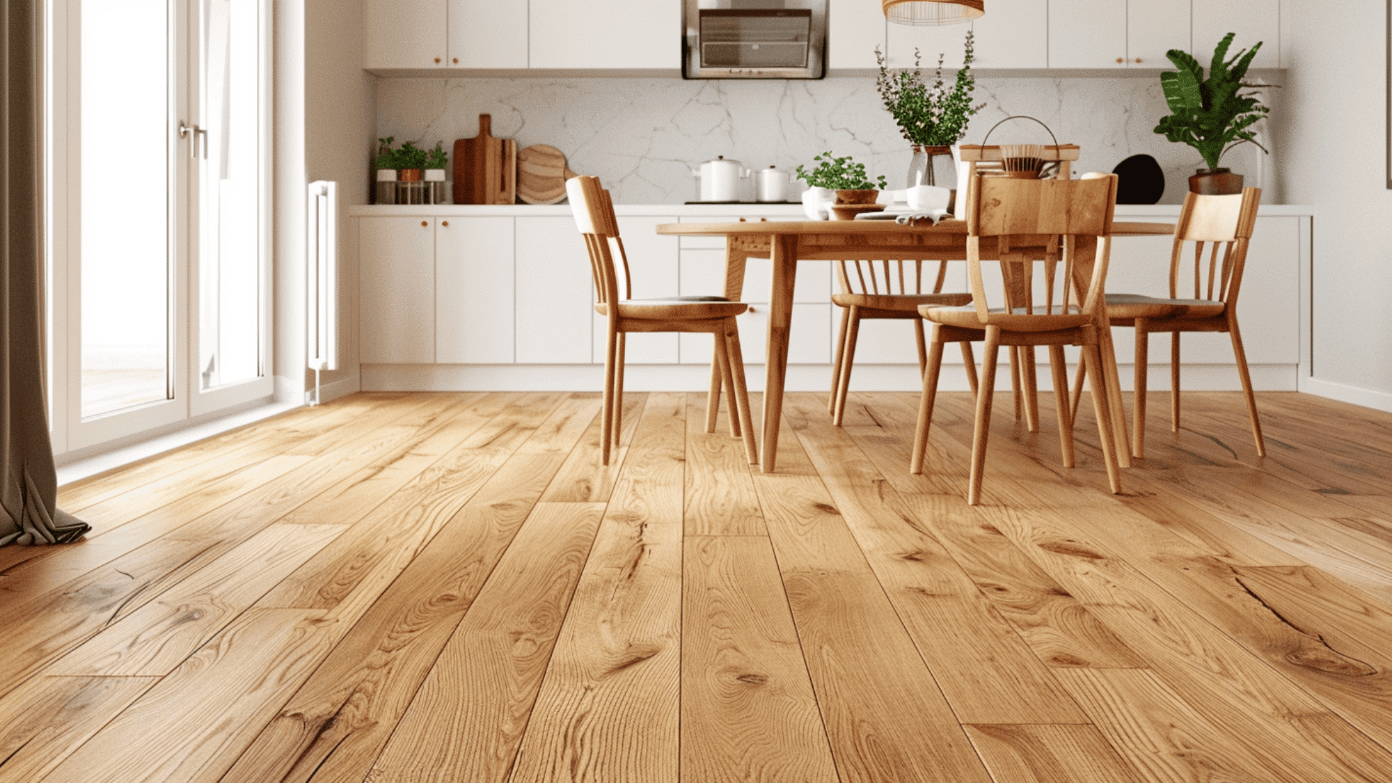  A modern kitchen with light wood-look LVP flooring, a wooden dining table, and matching chairs. White cabinets, plants, and sunlight create a warm, inviting atmosphere.