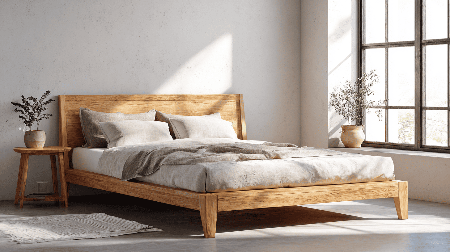 Wooden Bed Frame With Clean Silhouette In Modern Rustic Bedroom