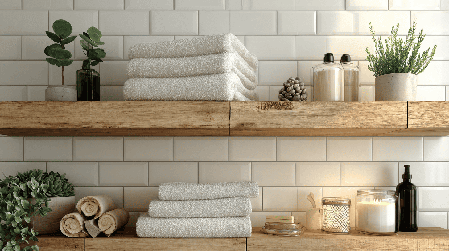 Wooden Floating Shelves In Modern Rustic Bathroom