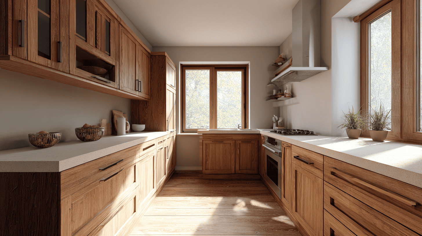 Wooden Kitchen Cabinets With Simple Hardware In Modern Rustic Kitchen