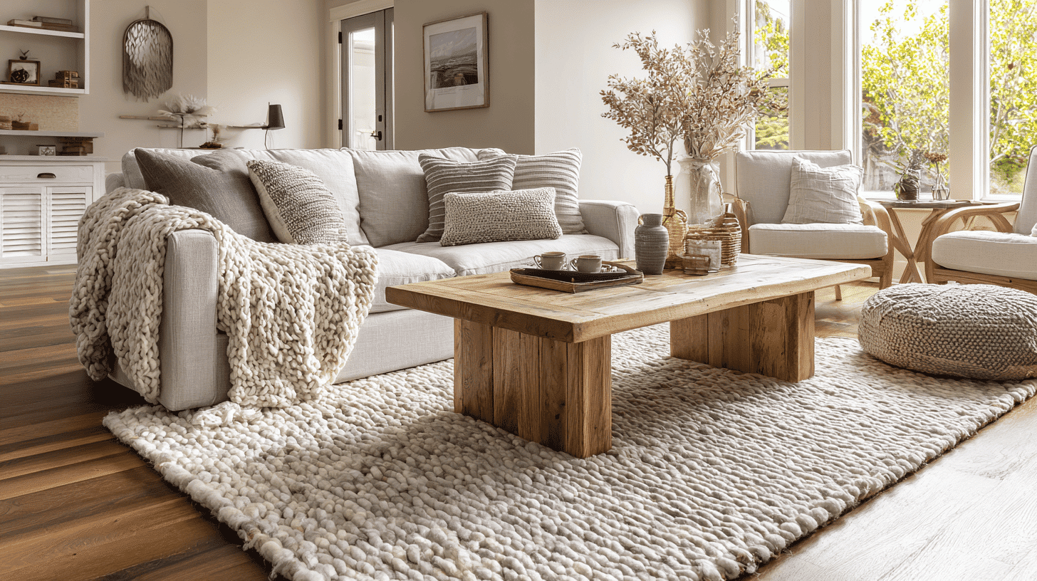 Woven Area Rugs Over Hardwood Floors In Modern Rustic Living Room