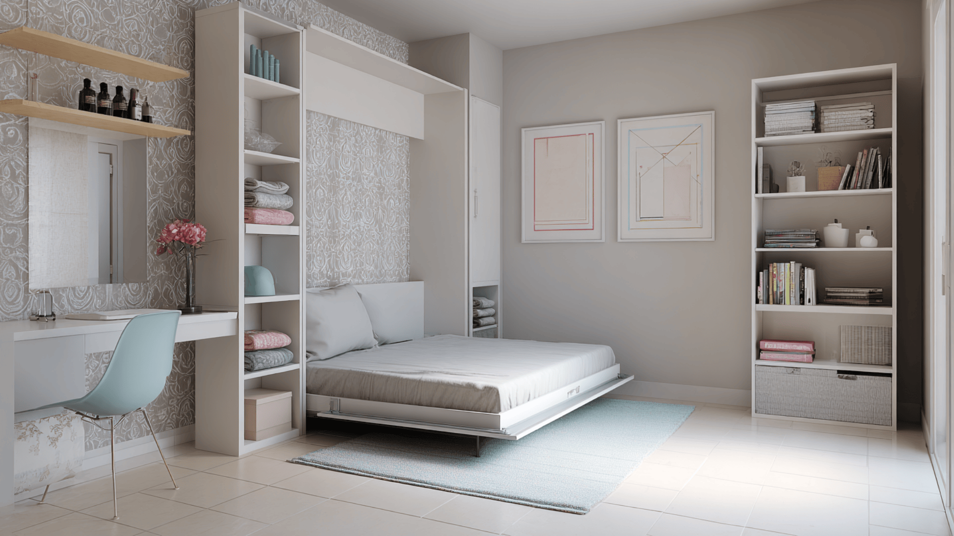 a minimalist bedroom with smart storage