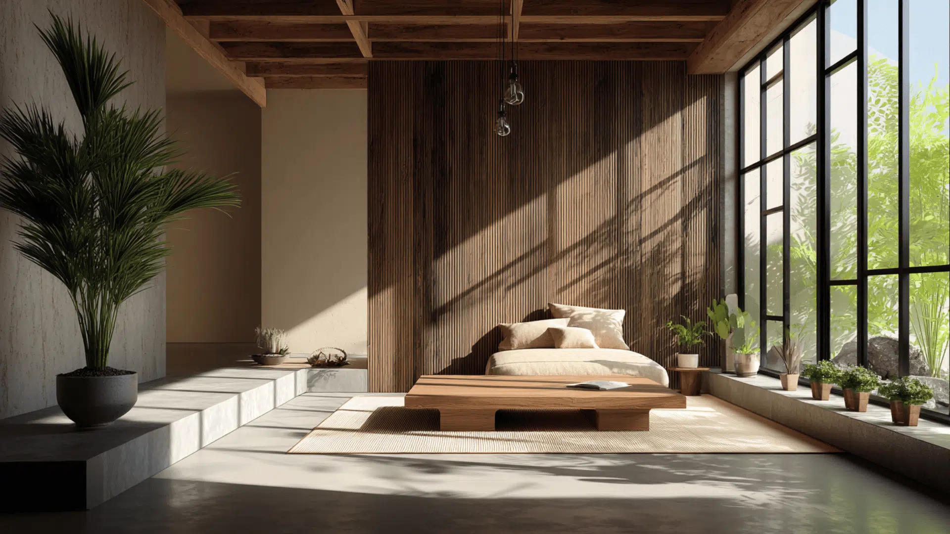 Minimalist bedroom with rammed earth walls, exposed wood ceiling beams, a low platform bed, and tall sunlit windows
