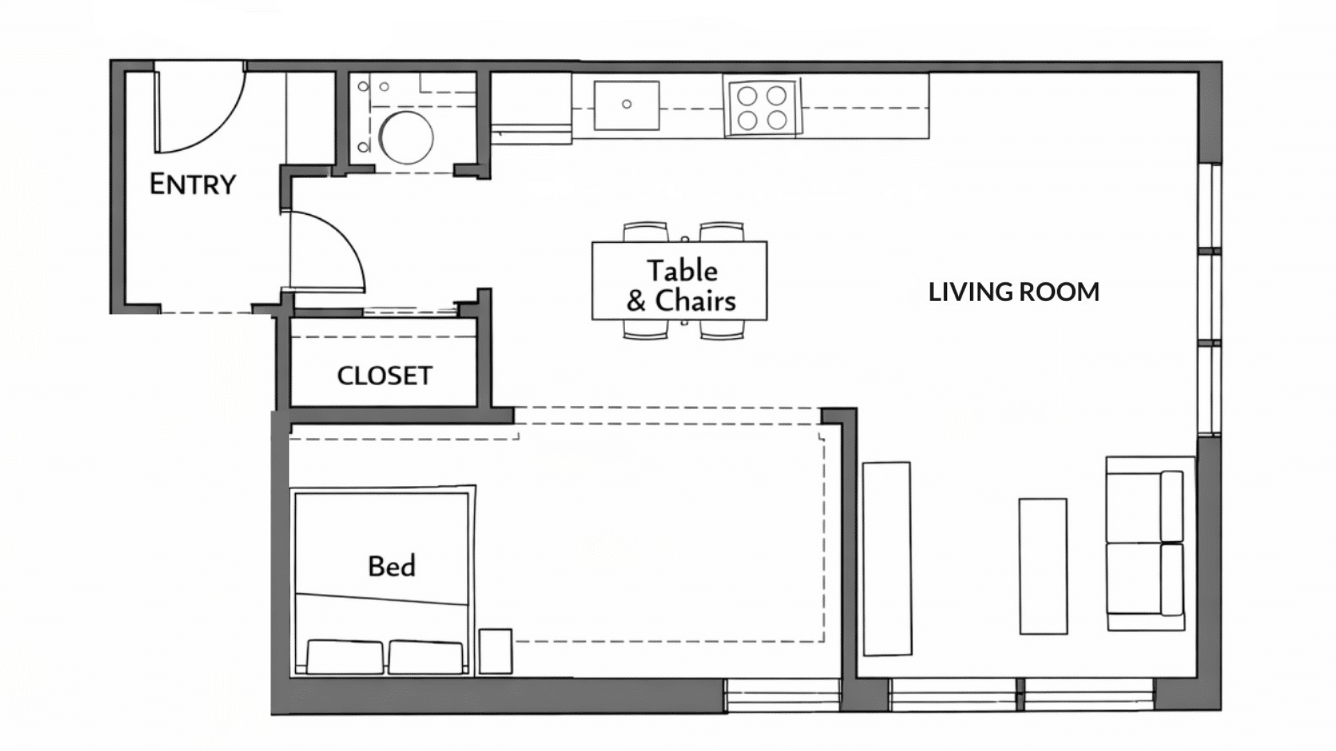 Floor plan of an alcove studio apartment, showcasing the layout of the living area, kitchen, bathroom, and bedroom space.