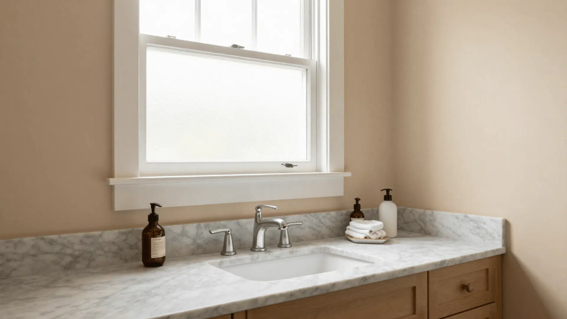 A bathroom with pale oak walls, showcasing a sink and a window that allows natural light