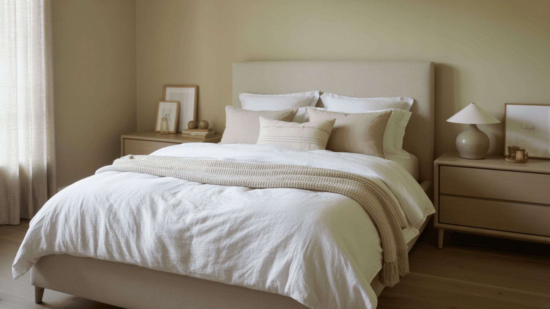 A cozy bedroom with a bed, nightstands, and a window, set against pale oak walls.