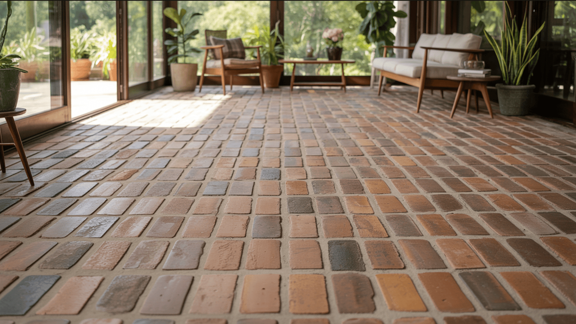  A sunroom with large windows, brick flooring, potted plants, a white cushioned sofa, and a wooden coffee table.