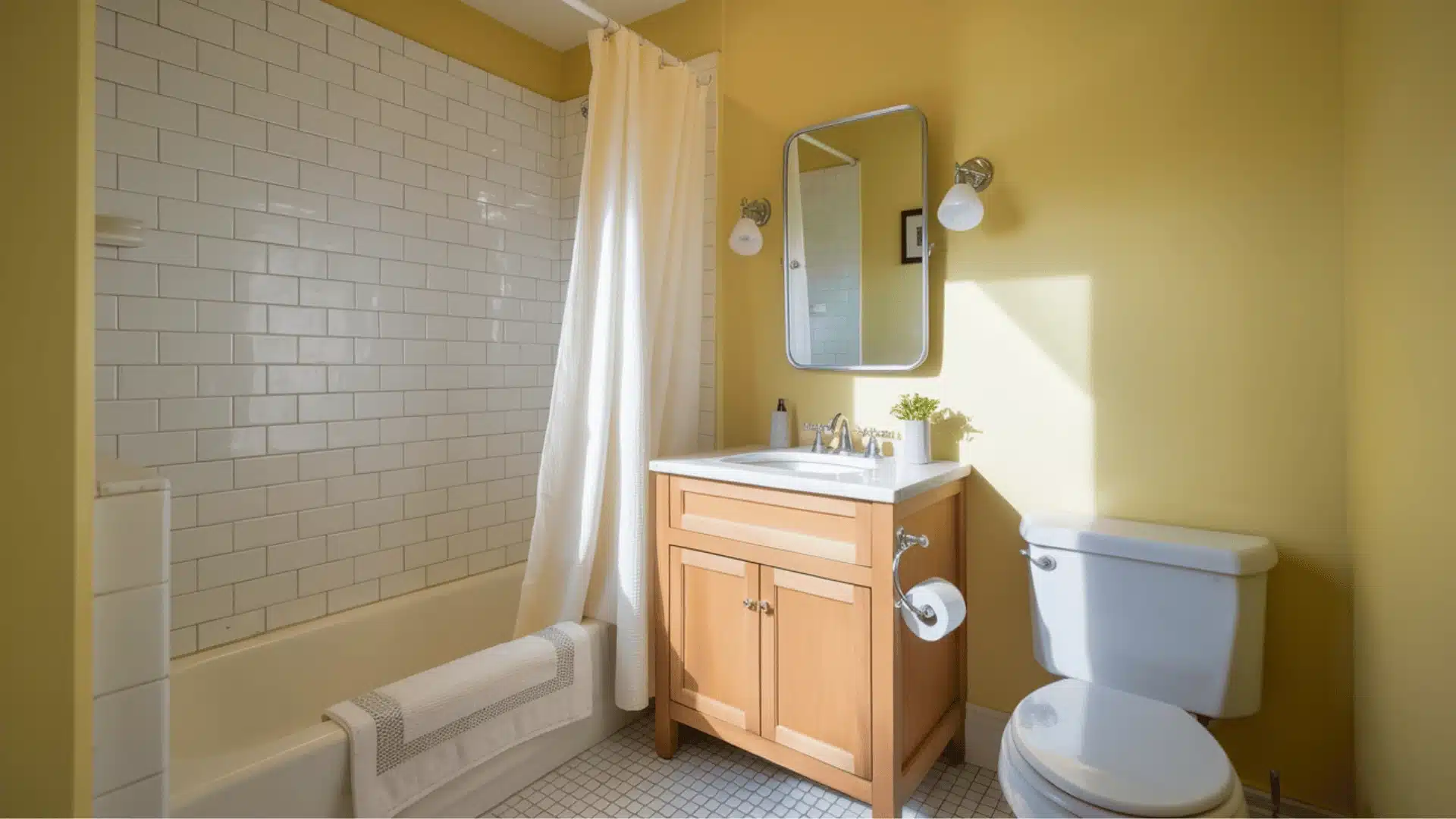 Buttercream yellow bathroom walls with wooden vanity