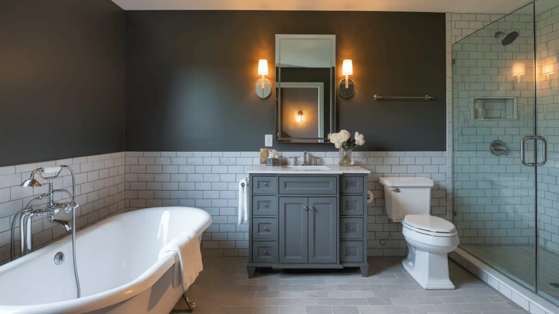 Charcoal gray bathroom walls with chrome fixtures.