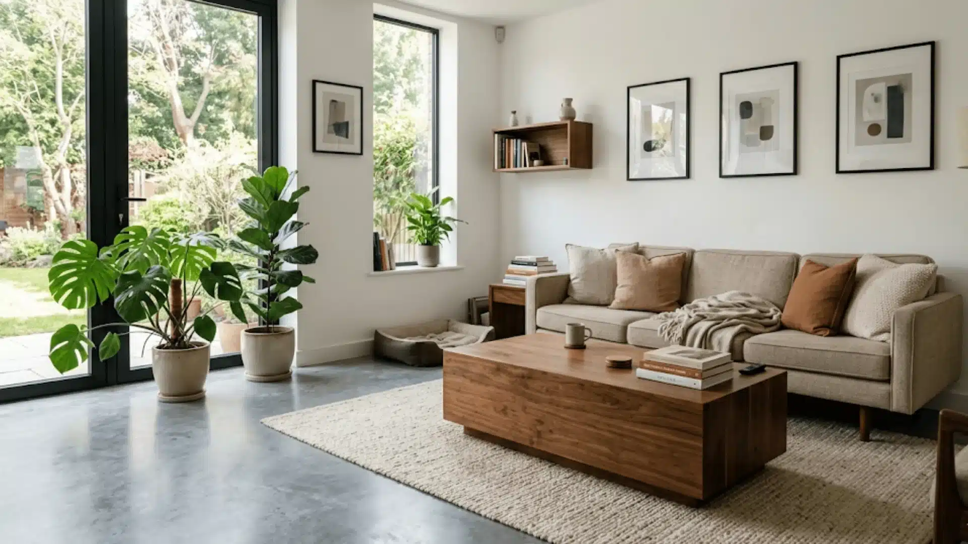 A modern living room with a beige sofa, wooden coffee table, potted plants, minimalist artwork on the wall, concrete flooring, and large windows letting in natural light.