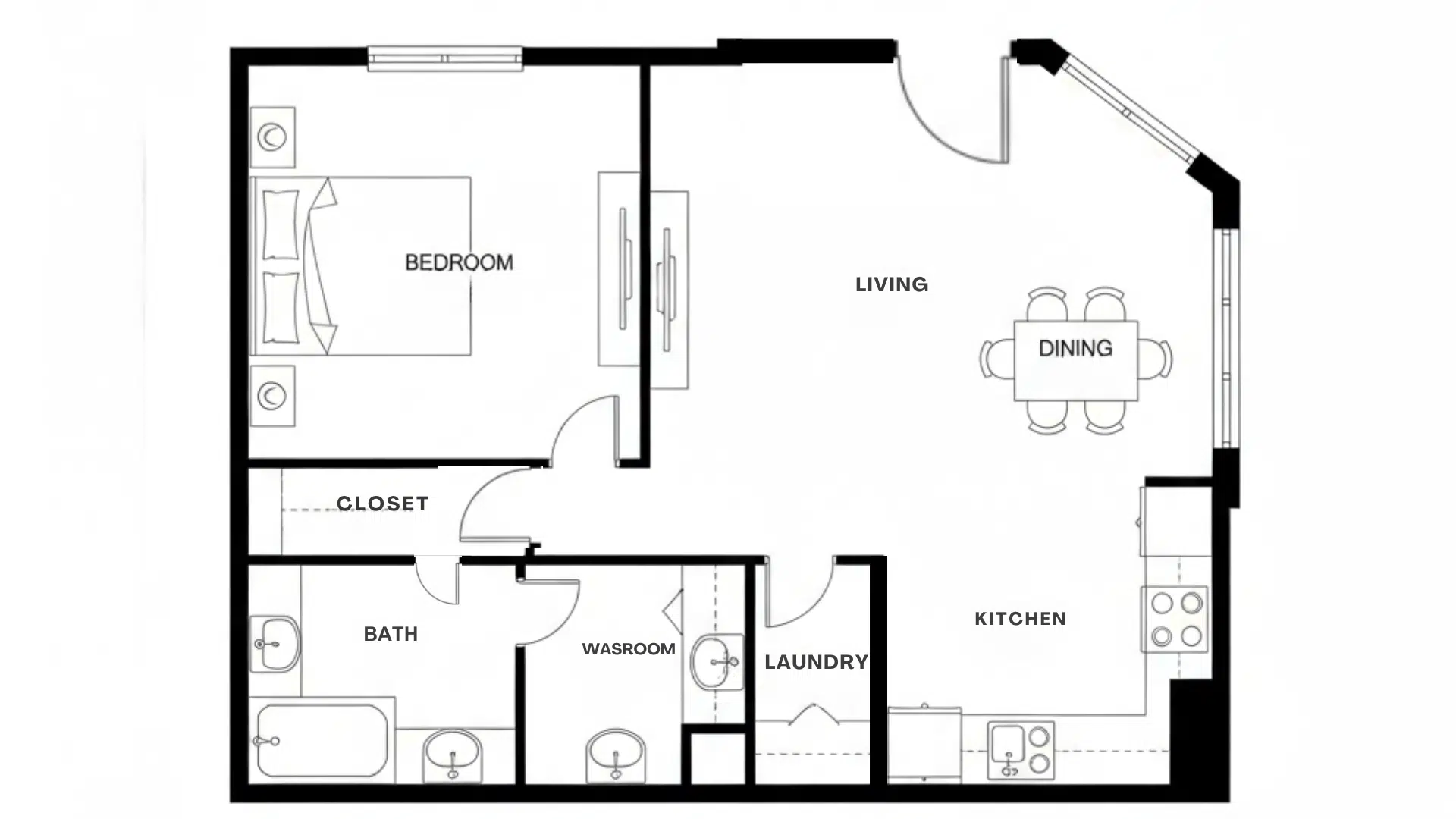 Floor plan of a corner unit one-bedroom apartment featuring a living room and kitchen layout.
