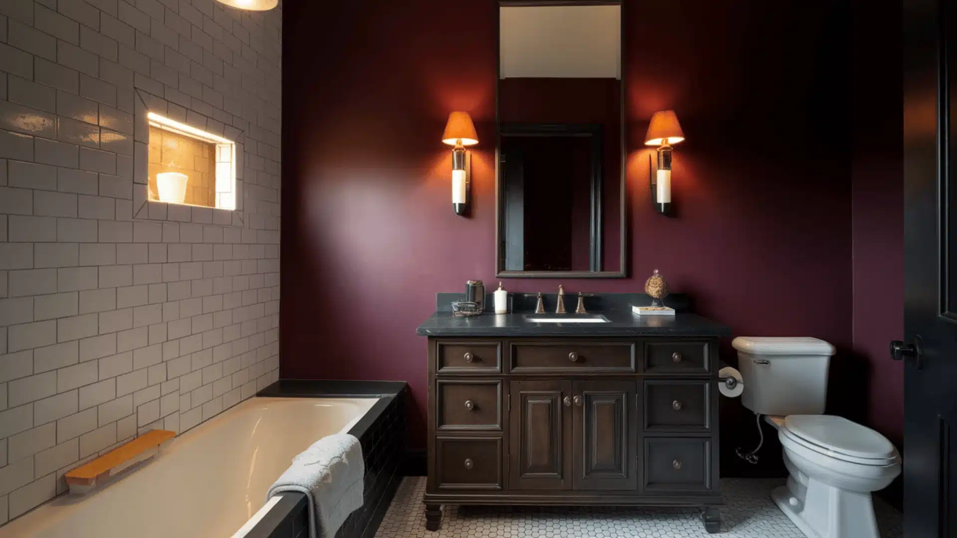 Deep plum bathroom walls with a white bathtub