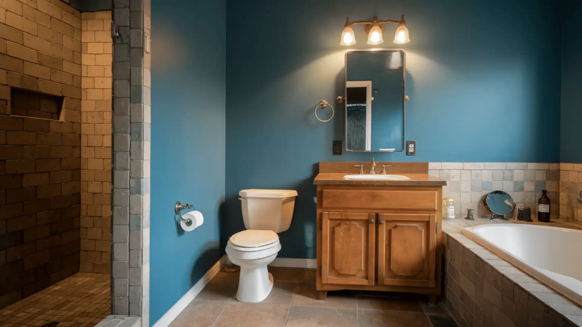 Denim blue bathroom walls with a wood vanity