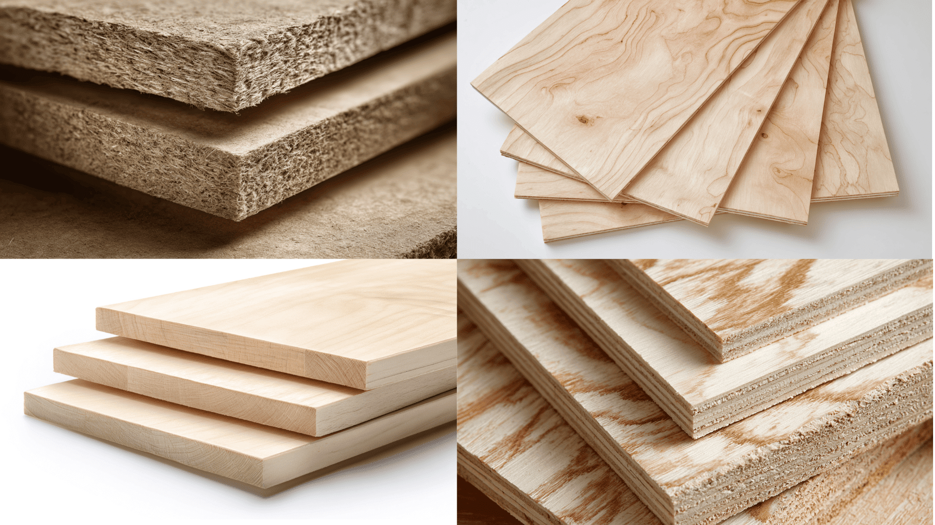 A collage of four types of wood surfaces compatible with acrylic painting.