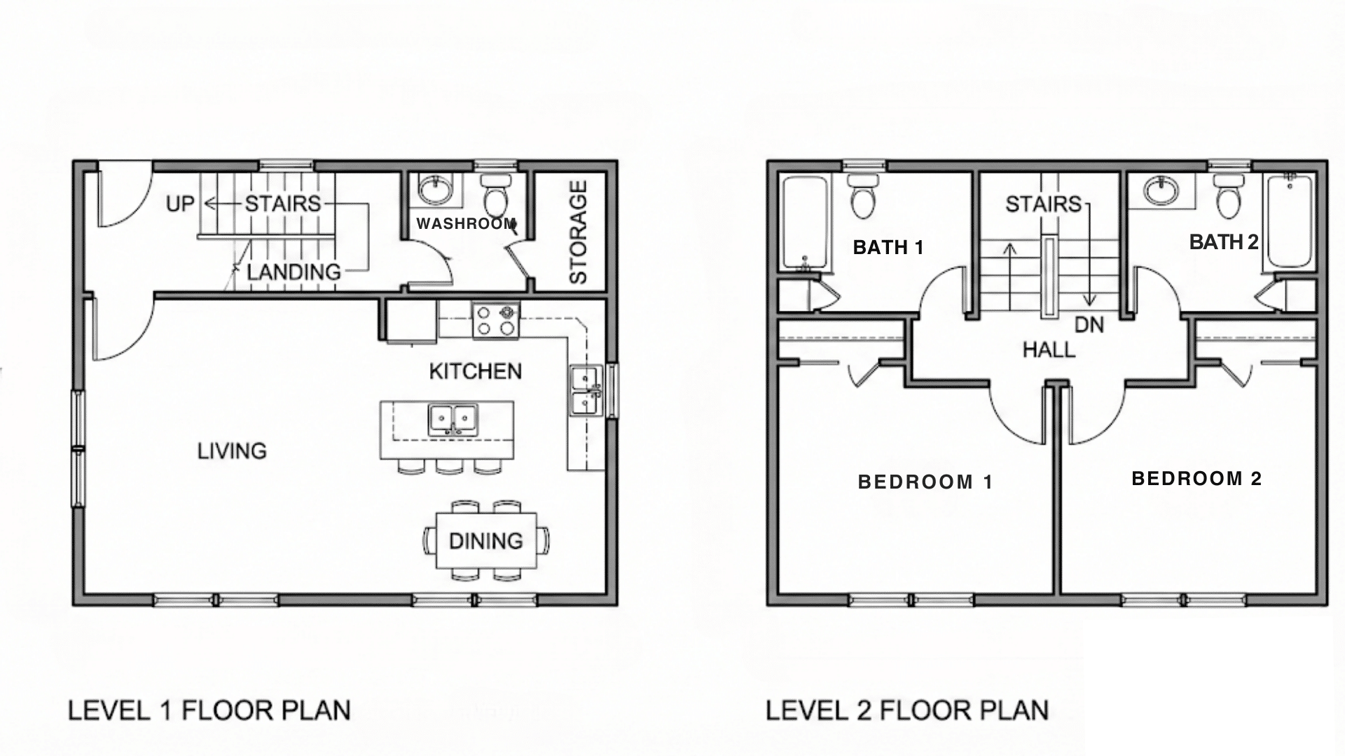 Two floor plans of a duplex apartment featuring a two-bedroom layout with distinct living and dining areas.