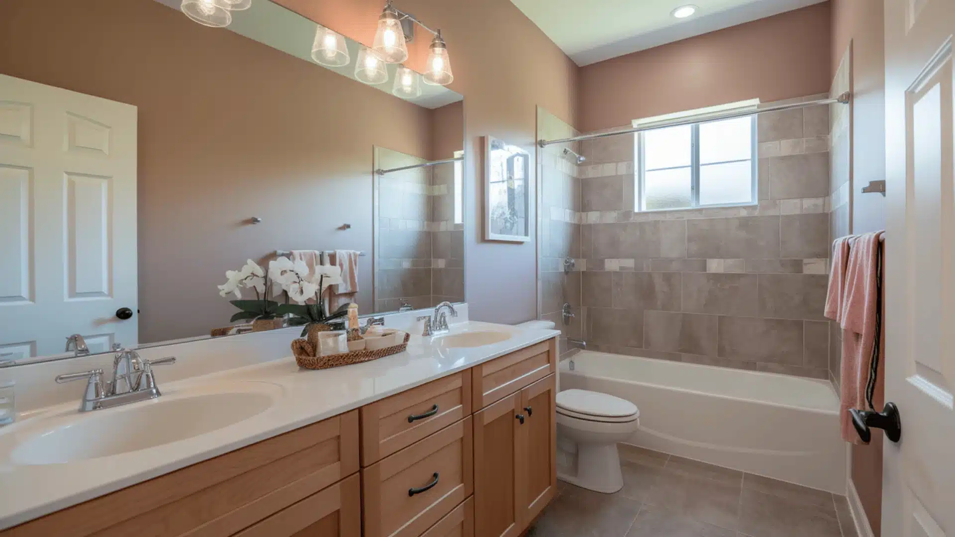 Dusty blush painted bathroom walls with a marble vanity