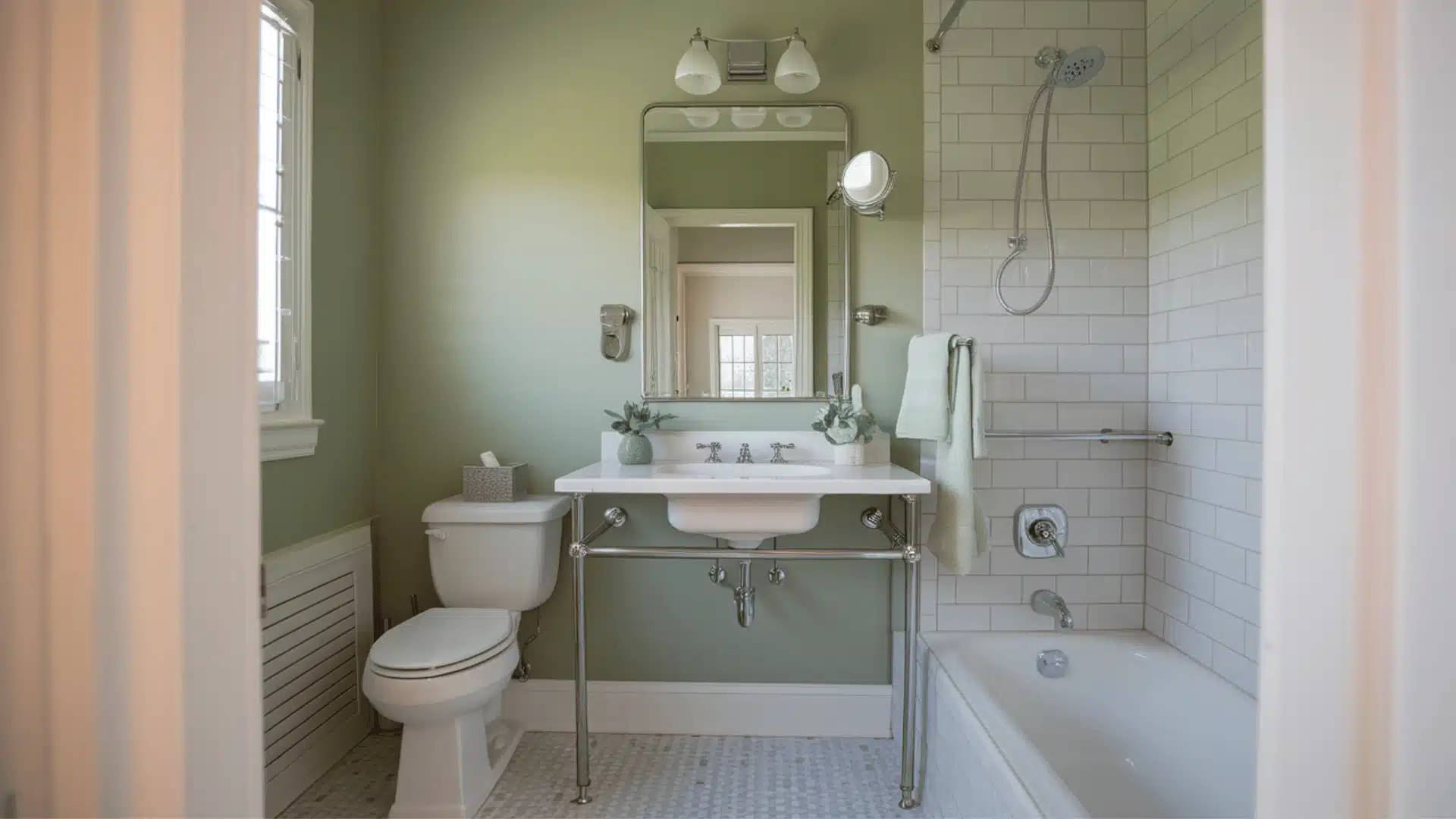 Eucalyptus green bathroom walls with modern fixtures