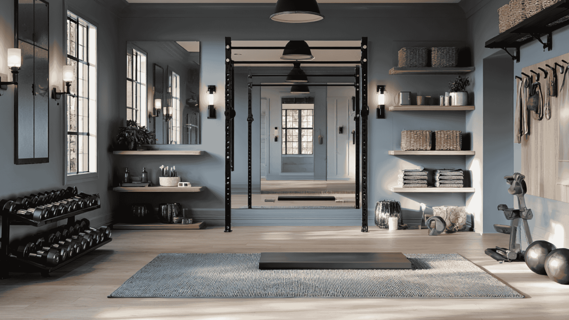 gym interior painted in dusty blue with large wall mirrors warm wood shelving with woven storage baskets, black or brushed metal accents (dumbbell rack, wall hooks, light fixtures),