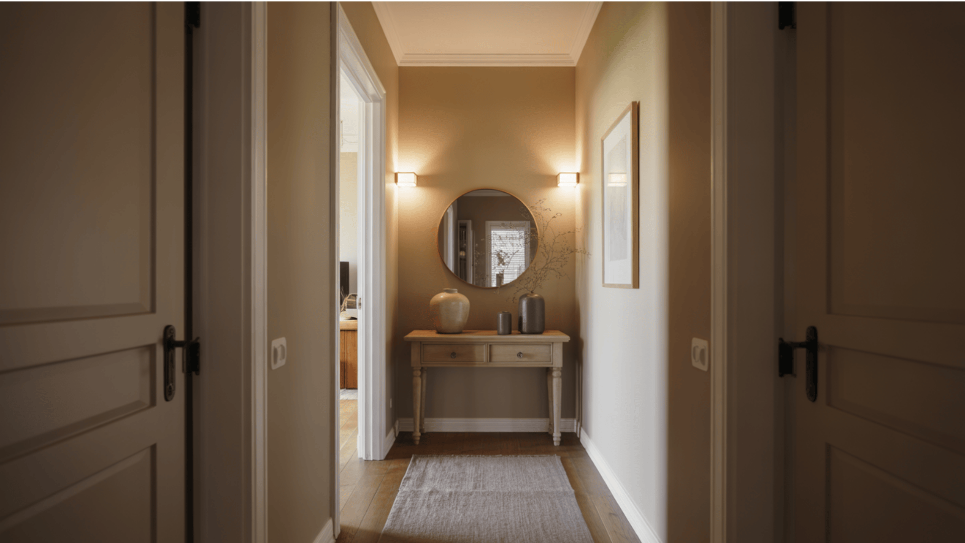 A well-lit hallway with pale oak walls, showcasing a table and a mirror.