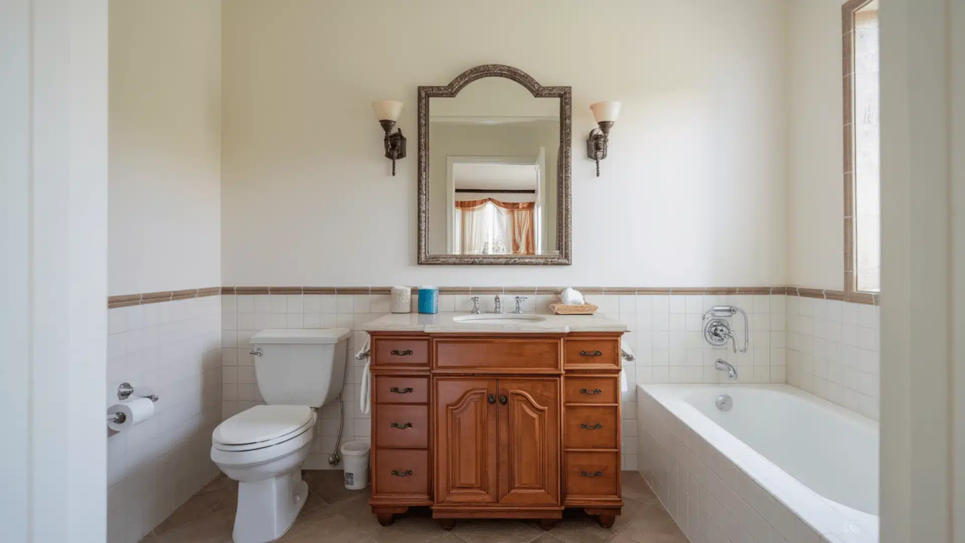 Ivory bathroom walls with brass fixtures