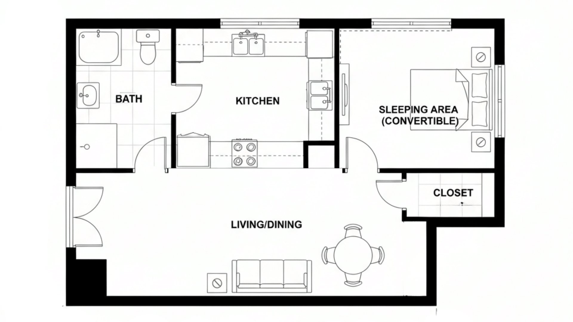 Floor plan of a junior one-bedroom apartment, showcasing room layout.