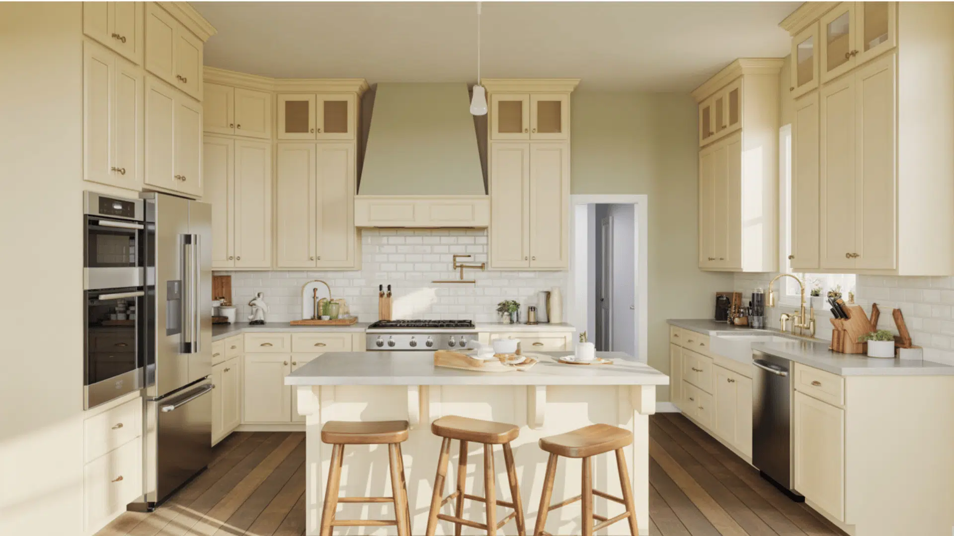 A kitchen featuring a center island, wooden floors, and pale oak walls.
