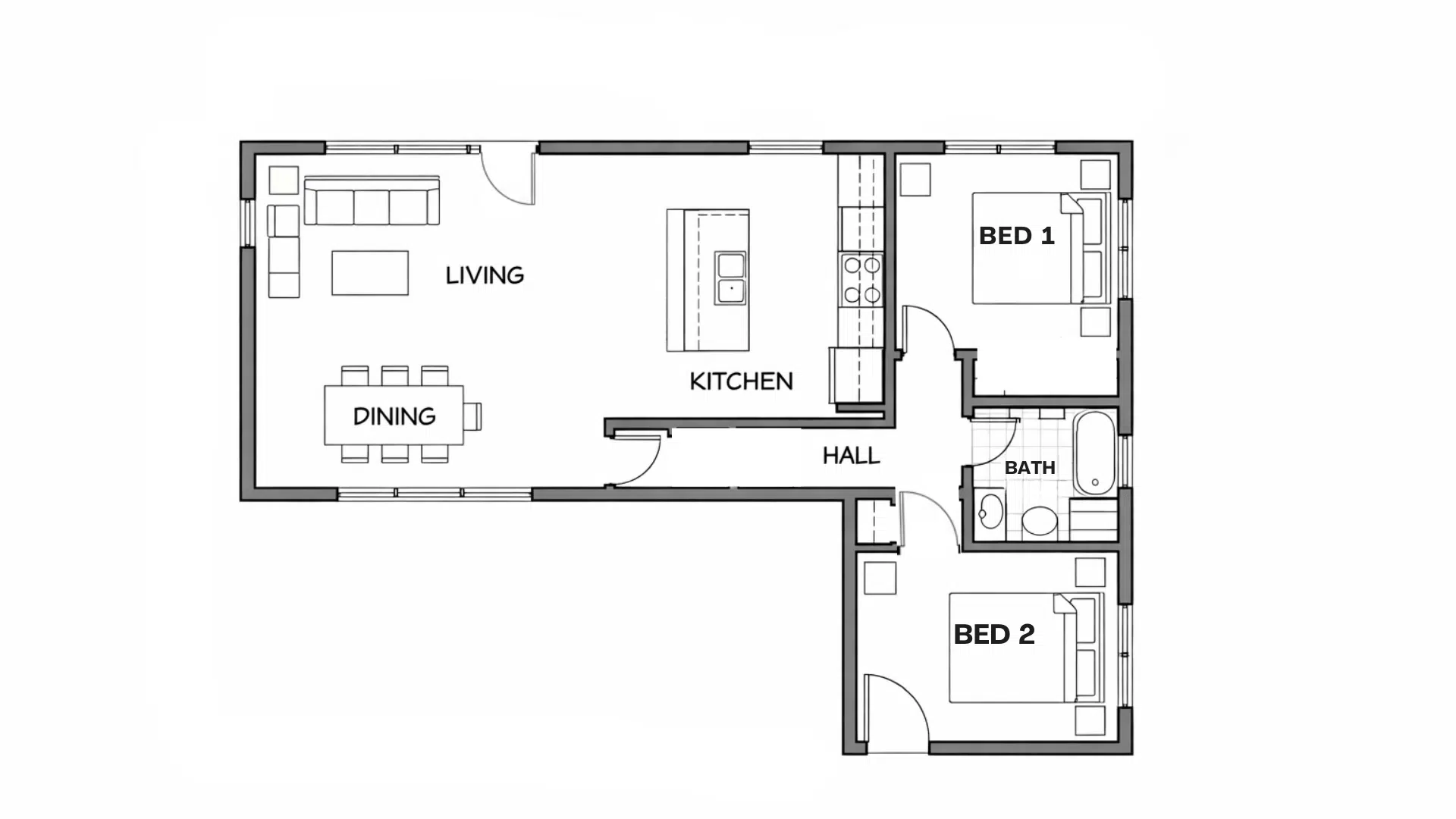 L-shaped floor plan of a two-bedroom apartment, showcasing room layout for each space.