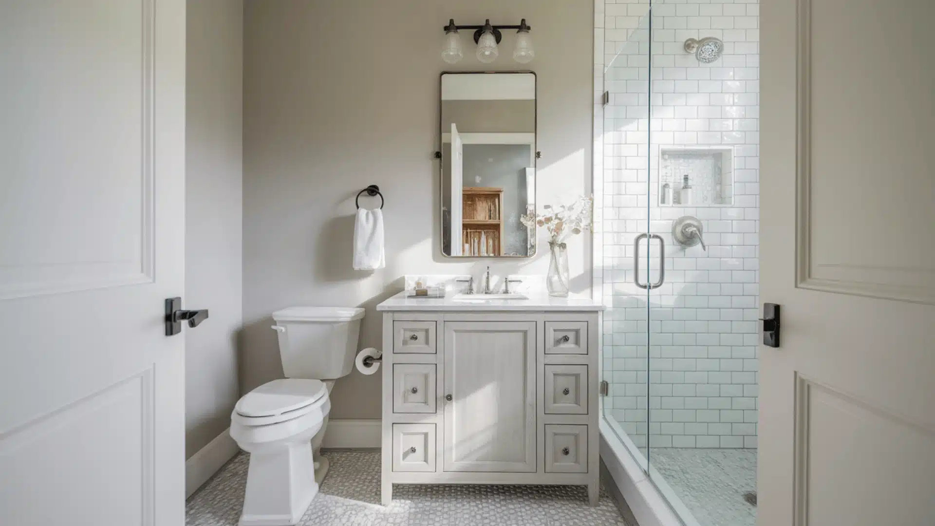 Light greige bathroom walls with chrome fixtures