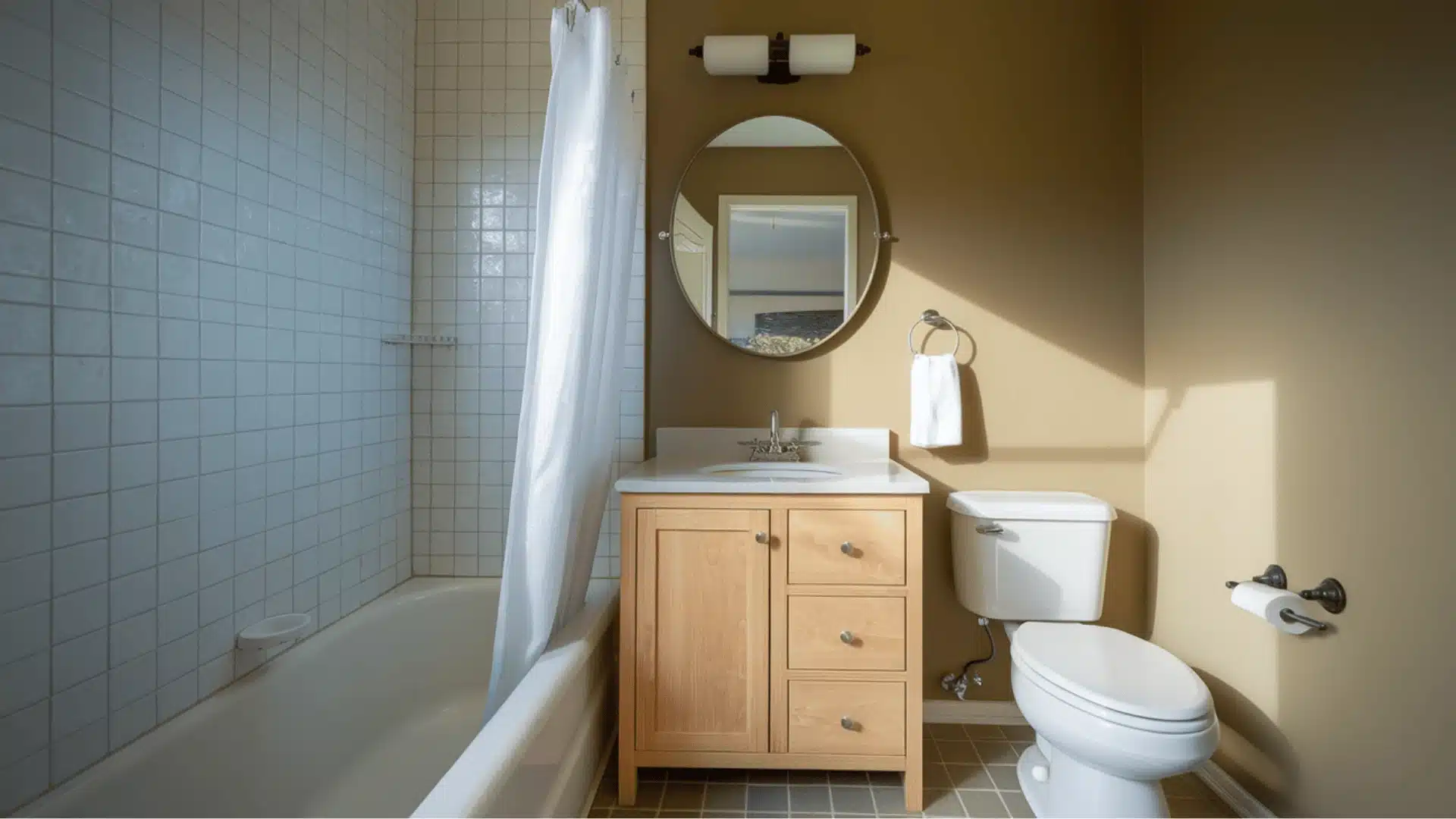 Light sandstone bathroom walls with warm trim.