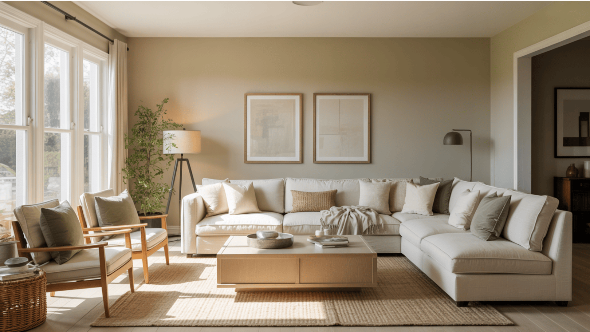 A cozy living room with pale oak walls, a white couch, and a coffee table.
