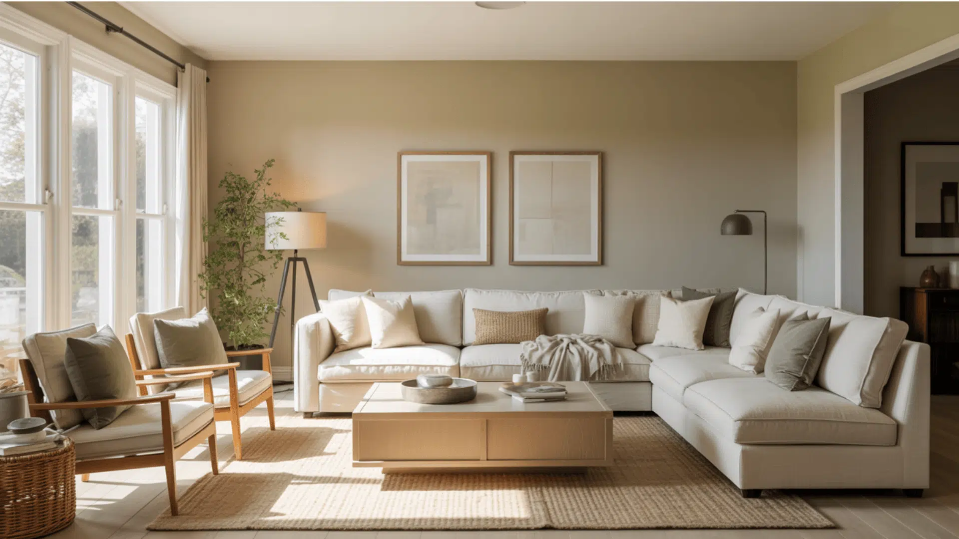 A cozy living room with pale oak walls, a white couch, and a coffee table.