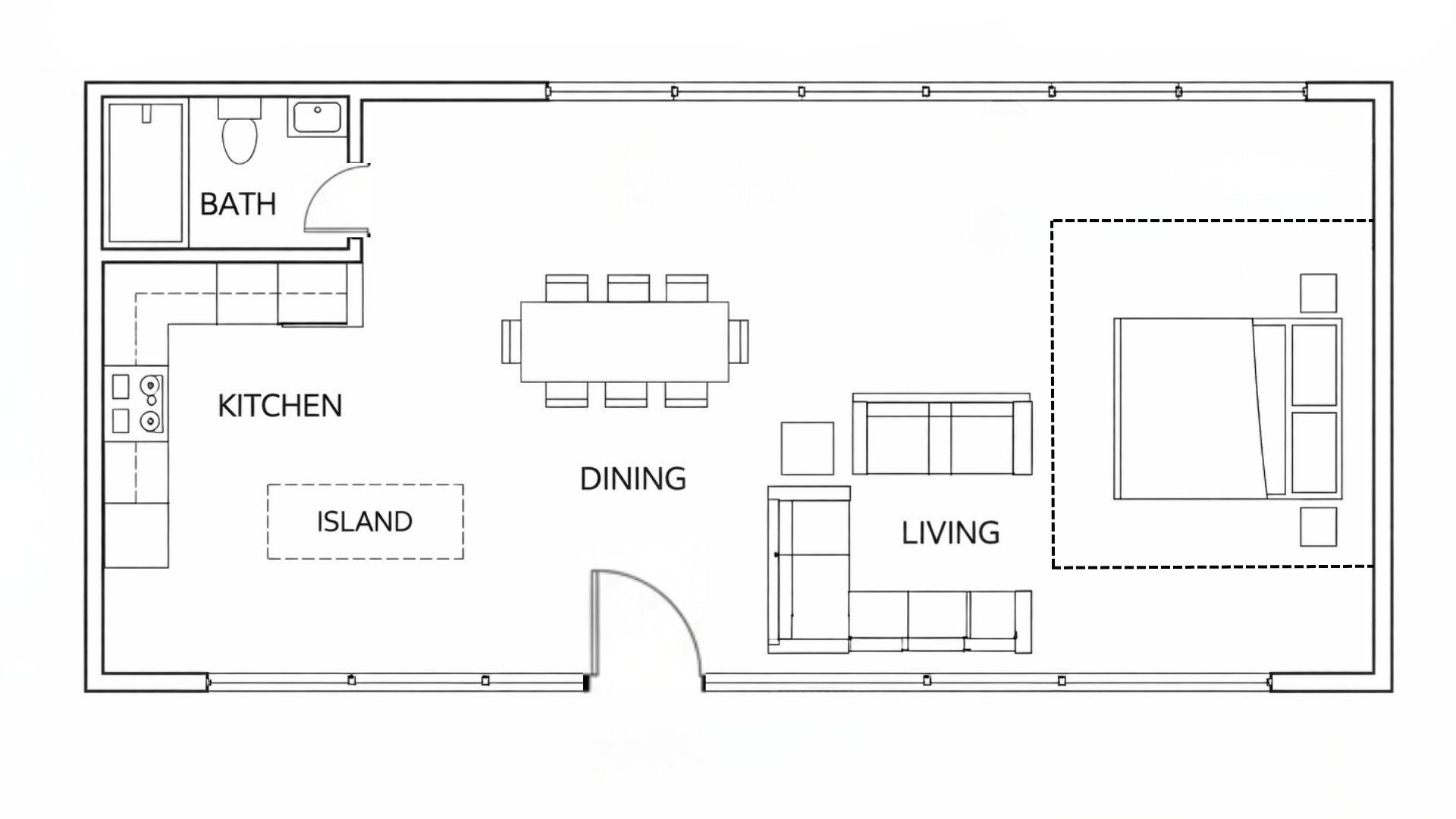 Floor plan of a loft apartment, showcasing the layout of each room.