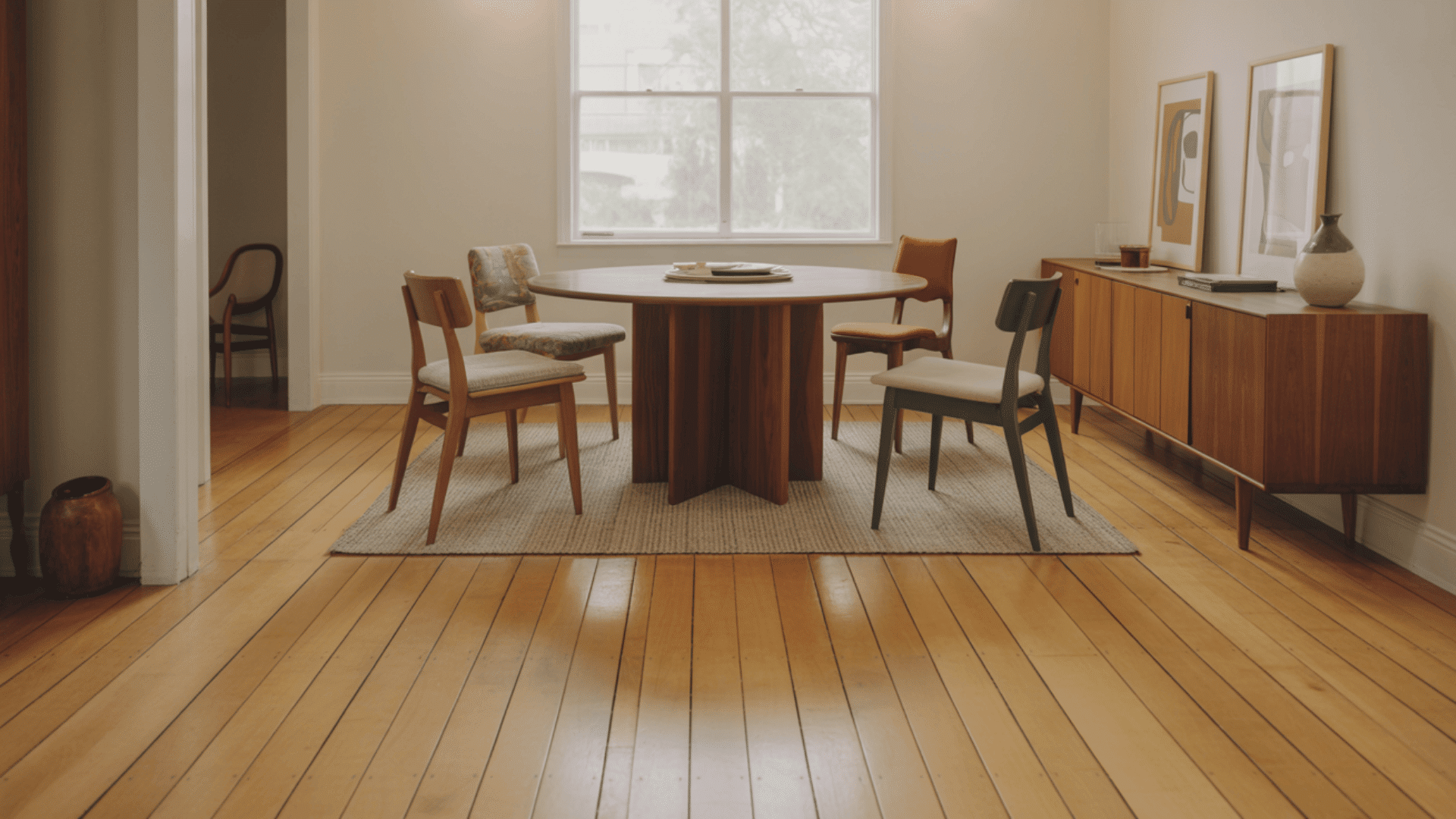  A minimalist dining room with a round wooden table and four chairs on a rug and Mapple flooring. Wooden sideboard, abstract art, and soft lighting create a warm, cozy feel.