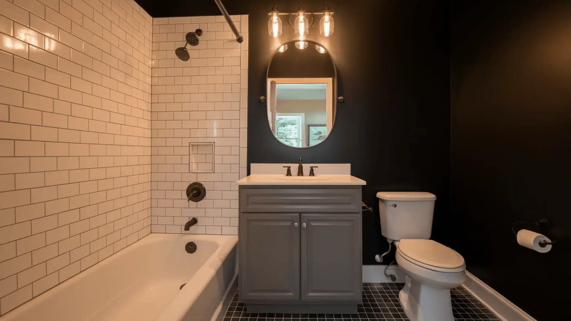 Matte black bathroom walls with black fixtures