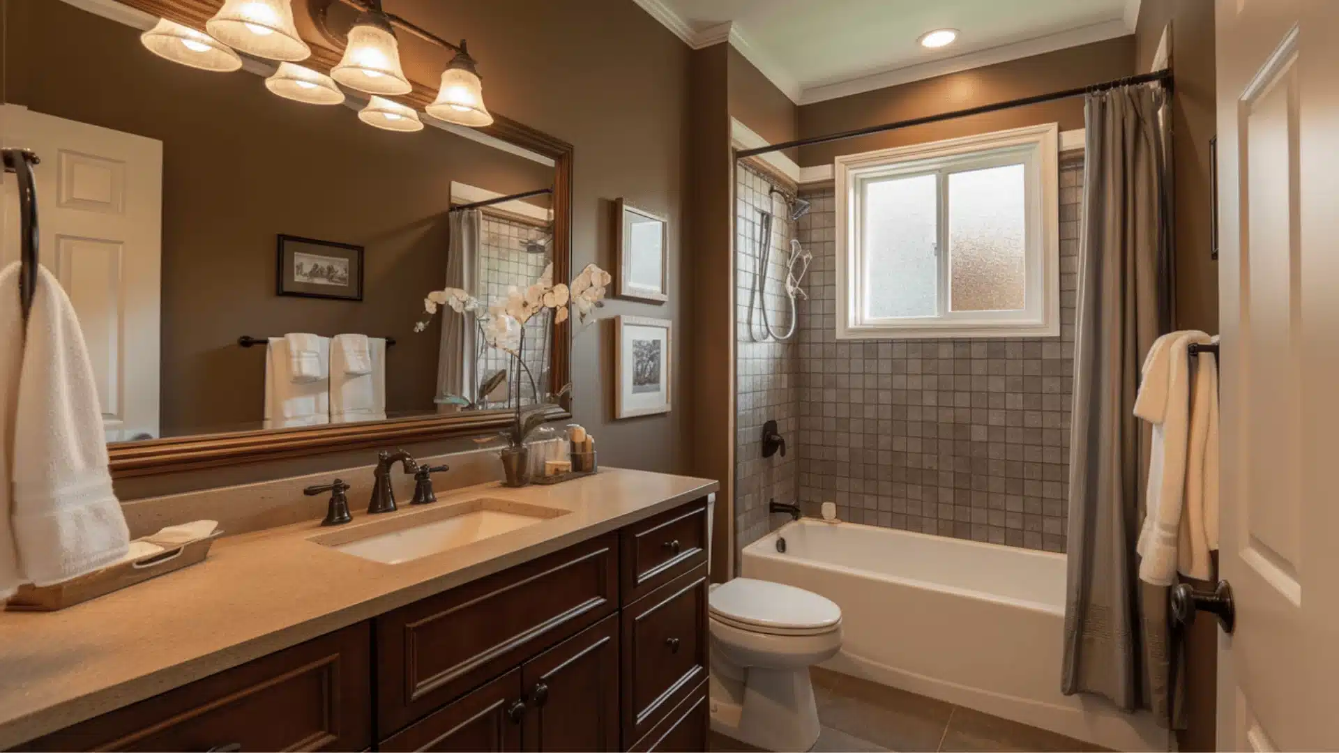Mushroom neutral bathroom walls with black hardware.
