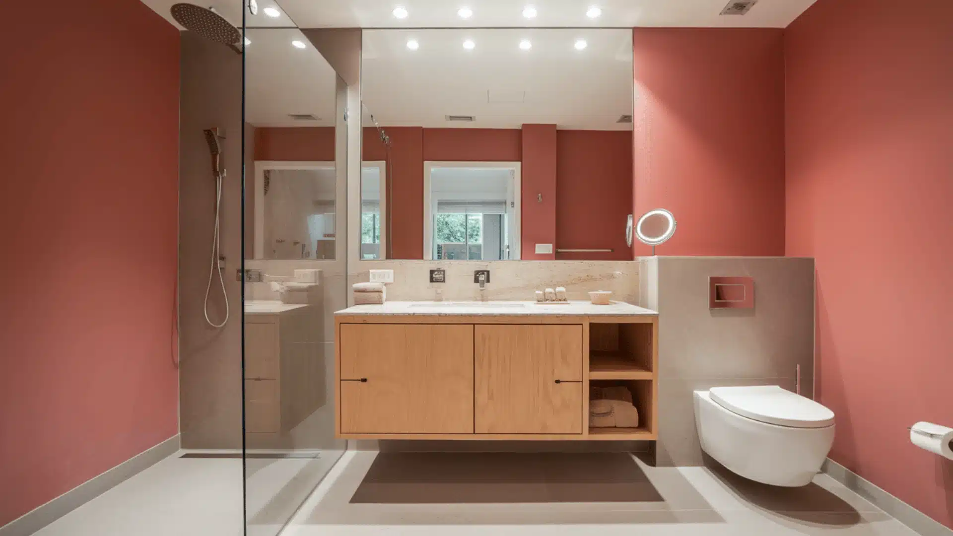 Muted coral bathroom walls with wooden vanity.